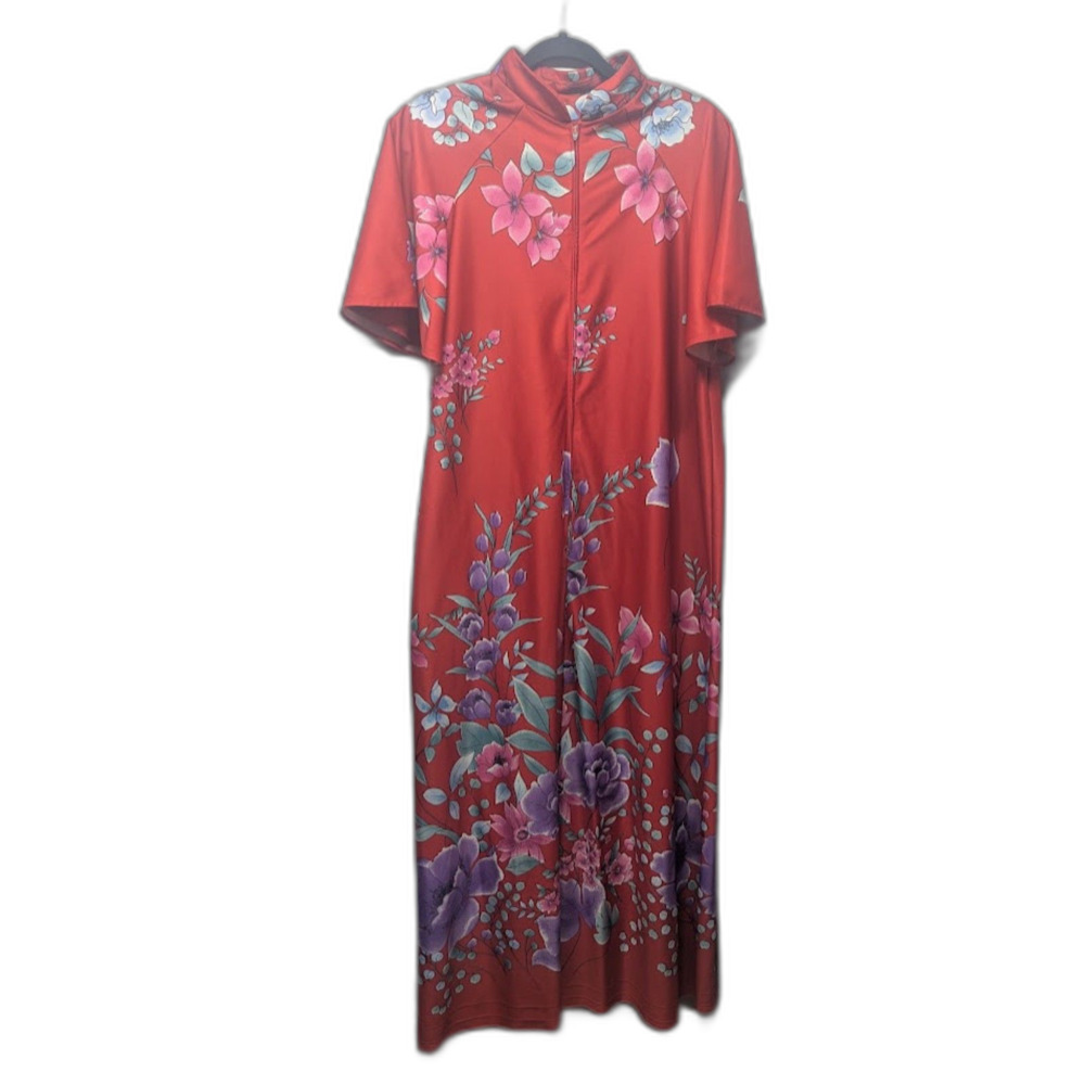 Vintage 70s 80s New York New York Floral Caftan Maxi Dress Zip Front Lounger M
